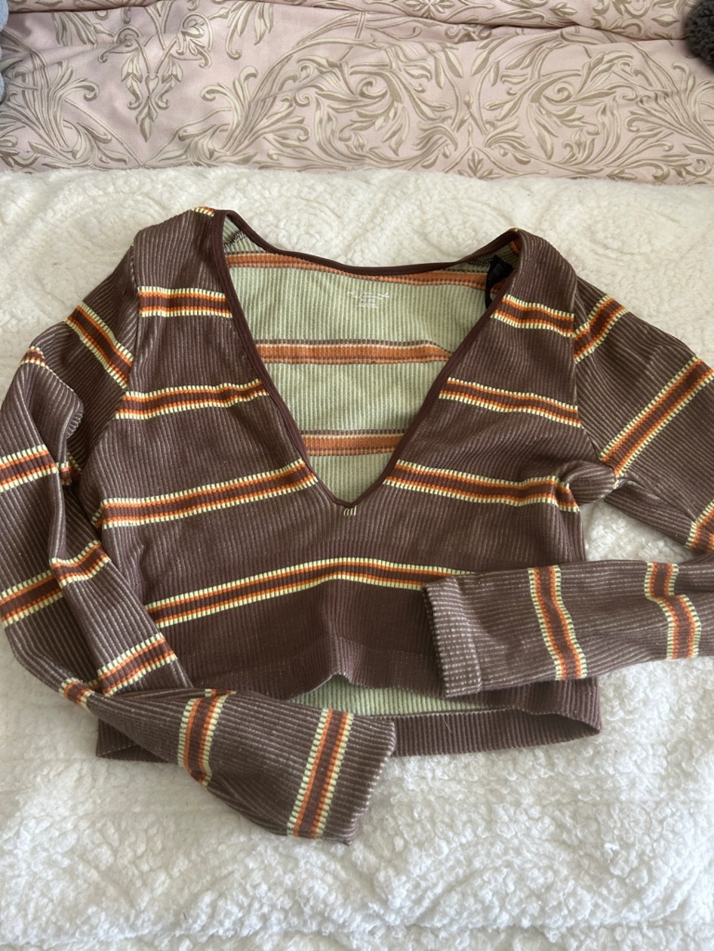 Urban Outfitters Brown Striped V-Neck Ribbed Crop Top